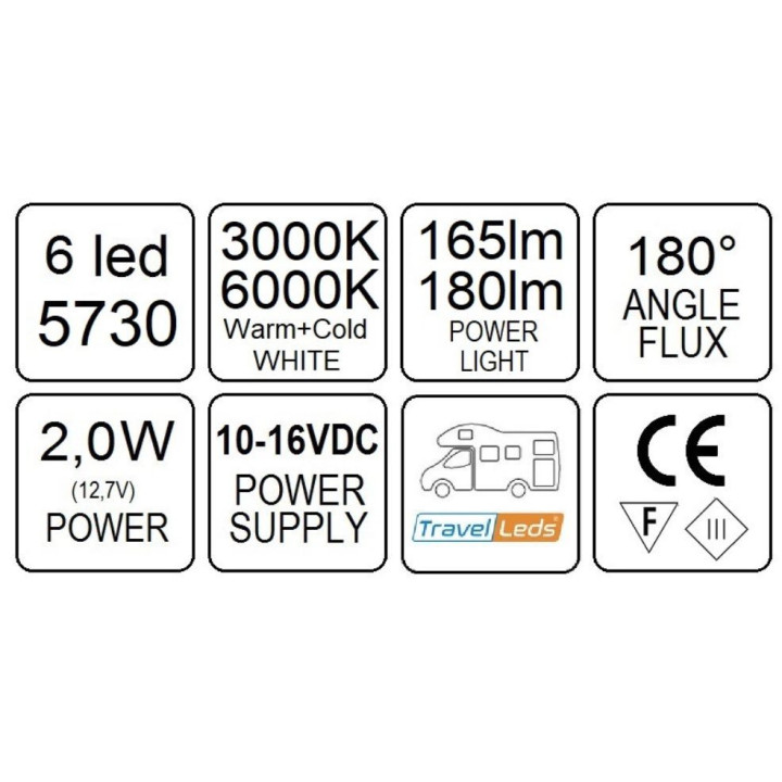 TravelLeds inb spot Ch70mm 6+6 Leds 3K+6K klem