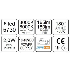 TravelLeds inb spot Ch 80mm 6+6 Leds 3K+6K klem