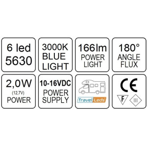 TravelLeds inb spot Ch 80mm 6Leds 3K+blauw touch switch klem