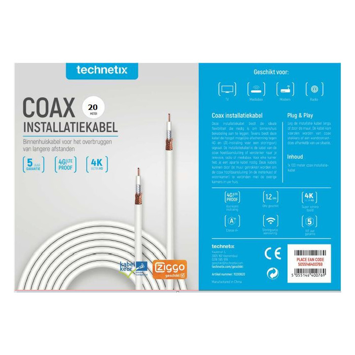 Technetix COAXIH-20M-S SHOP Coaxkabel 20 mtr. Ziggo Geschikt