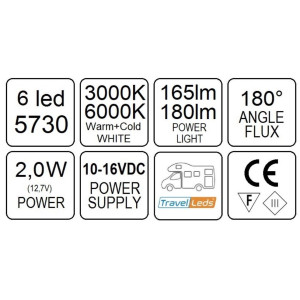 TravelLeds inb spot Ch 80mm 6+6 Leds 3K+6K schroef
