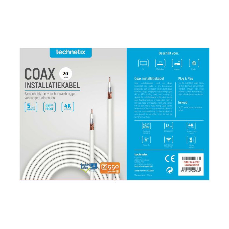 Technetix COAXIH-20M-S SHOP Coaxkabel 20 mtr. Ziggo Geschikt